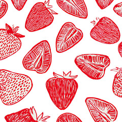 Vibrant red sliced and whole strawberries against a stark black background