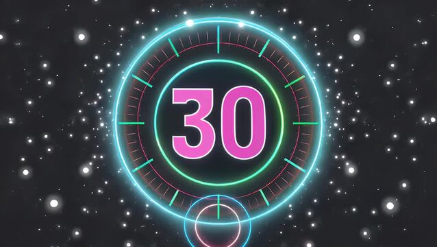 Dynamic Neon Light Countdown Timer Running from Thirty Seconds on a Black Background with a Rotating Circle