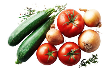 Fresh zucchini, tomatoes, and onions arranged with herbs