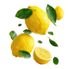 Ripe yellow lemons and green leaves suspended in air