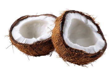 Two halves of a ripe brown coconut, showing white flesh