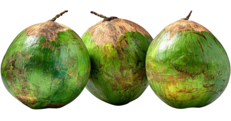 Three green coconuts with fibrous tops and dark brown patches