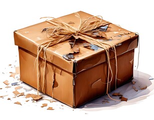Worn Cardboard Box Tied with Twine, Rustic and Aged.