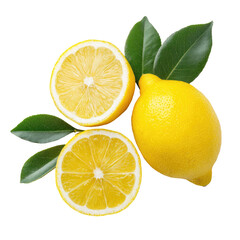 Fresh yellow lemons and slices with green leaves