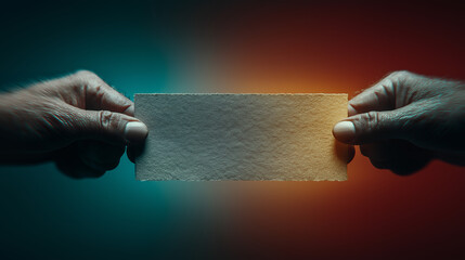 Glowing paper sheet being pulled by two hands creative collaboration concept modern teamwork design human interaction illustration generated ai