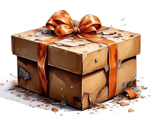 Worn Gift Box with Orange Ribbon - A Symbol of Imperfect Giving.