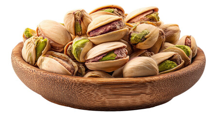 A pile of opened pistachios in a wooden bowl