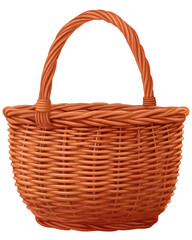 A woven, round, brown basket with a curved handle
