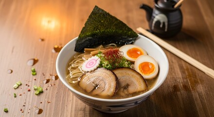 A delicious bowl of Japanese ramen soup with pork, egg, and seaweed on a wooden table.
