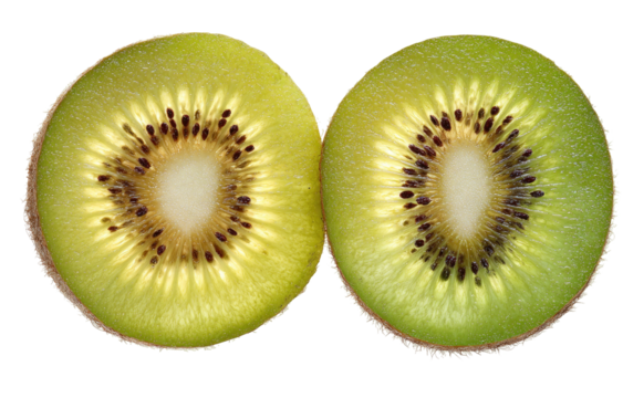 Two backlit kiwi fruit halves show seeds and vibrant flesh
