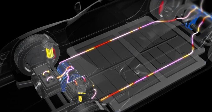 Electric car underbody revealing powertrain and energy circulation system. Electric cars related 4K 3D Animation.