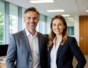 Smiling businessman and businesswoman leaders professional team standing at work looking at camera. 
