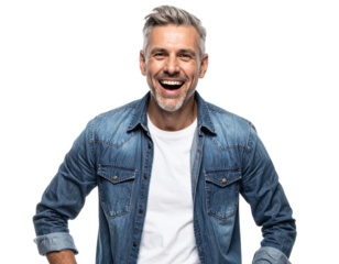 Mature Man Laughing Outdoors, Side-Angle View, Isolated