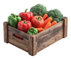 A rustic wooden crate brimming with colorful fresh vegetables