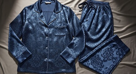 Luxurious Deep Blue Silk Pajama Set with Intricate Jacquard Pattern, Elegant Loungewear.