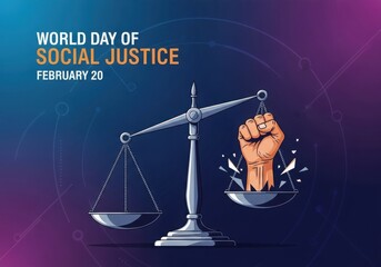 World day of social justice february 20, scales of justice with fist on one side, symbolizing equality and fairness
