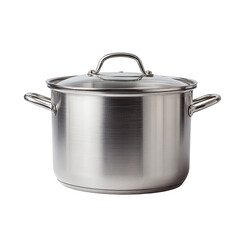 Gleaming stainless steel cooking pot with a clear glass lid and handles