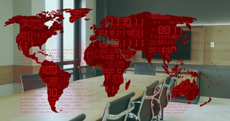 Displaying red world map overlay with binary code across conference table and windows in boardroom