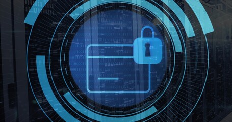 Obraz premium Displaying folder icon securing data on server racks, with padlock symbol, arcs and binary overlay