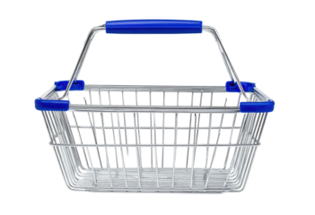 Empty wire metal shopping basket with blue handles on black