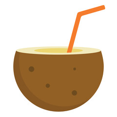 Half Coconut With Straw Cocktail Tropical Refreshment Isolated On White Background Flat Design