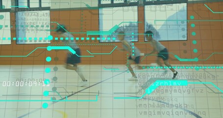 Sprinting three school boys wearing athletic clothing across gym floor, with turquoise data overlay