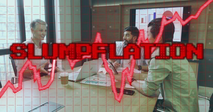 Analyzing data colleagues discussing SLUMPFLATION on display in office, laptops and coffee on table - Powered by Adobe