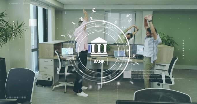 Stretching office staff in business attire raising arms in open office with digital banking overlay