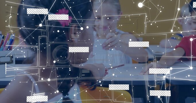 Collaborating seven children writing and drawing at school desk, with pencils, network overlay