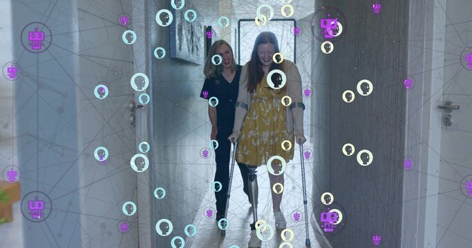 Practicing patient using forearm crutches and prosthetic leg in bright corridor, with digital icons - Powered by Adobe