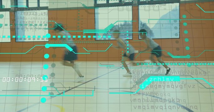Sprinting three school boys wearing athletic clothing across gym floor, with turquoise data overlay - Powered by Adobe