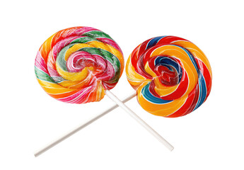 Two colorful spiral lollipops crossed on sticks