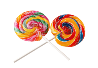 Two colorful spiral lollipops crossed on sticks