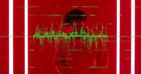Standing adult male wearing red sweatshirt in studio, with white LED strips, green waveform overlay