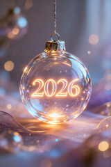 Glowing 2026 numbers inside a transparent Christmas ornament, floating with soft light reflections and festive bokeh, symbolizing joy and hope for the new year