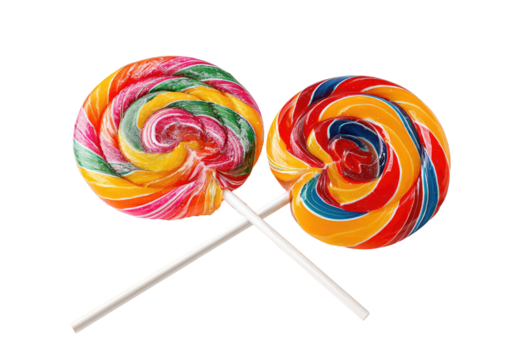Two colorful spiral lollipops crossed on sticks