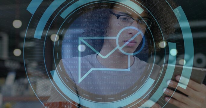 Tech man wearing grey sweater focusing on smartphone in office, with envelope and binary overlays