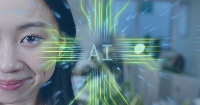 Smiling Chinese woman displaying neon-green AI overlay in office with desks and screens, copy space