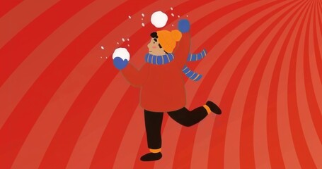 Juggling child wearing red parka, tossing white snowballs against red backdrop, winter scene