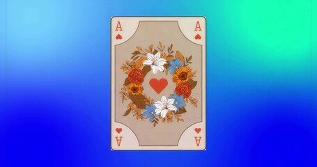 Floating Ace of Hearts card against gradient backdrop, with wreath of lilies, roses and sunflowers