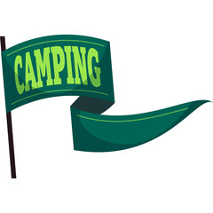 Green Wavy Banner With The Word Camping In Bright Green Text And A Dark Green Pole On A Transparent Background
