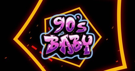 Displaying graffiti text 90's BABY glowing on black background, with neon polygons and confetti