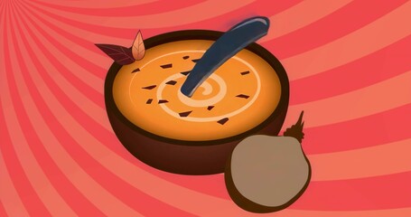 Displaying brown bowl holding orange soup with dark spoon on red pink stripes with halved vegetable