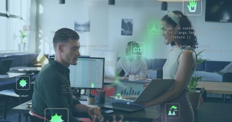 Collaborating team members analyzing spreadsheet data in open-plan office, with floating UI icons