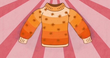 Floating knitted starburst-gradient sweater drifting in flat graphic backdrop, with pink stripes