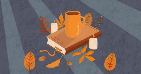 Fototapeta premium Floating hardcover book with orange mug in grey-blue space, with lit candles, autumn leaves, acorns