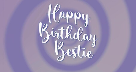 Displaying white hand-lettered Happy Birthday Bestie text on purple lavender circles design