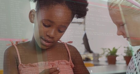 Holding component and discussing code, two girls at study table, with computer monitor and plants