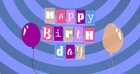 Colorful tiles spelling Happy Birthday hovering on digital rings backdrop, with two helium balloons