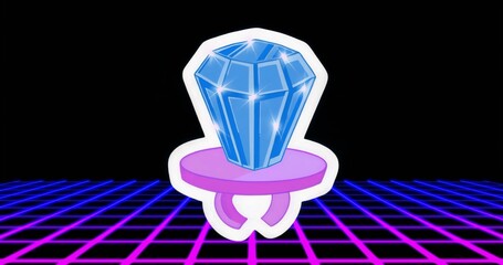 Floating purple ring platform carrying blue faceted gem above neon grid floor, retro-futuristic